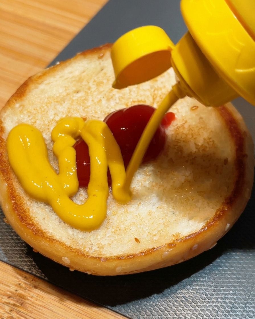 Senape gialla e ketchup versati sulla base tostata di un panino ai semi di sesamo.