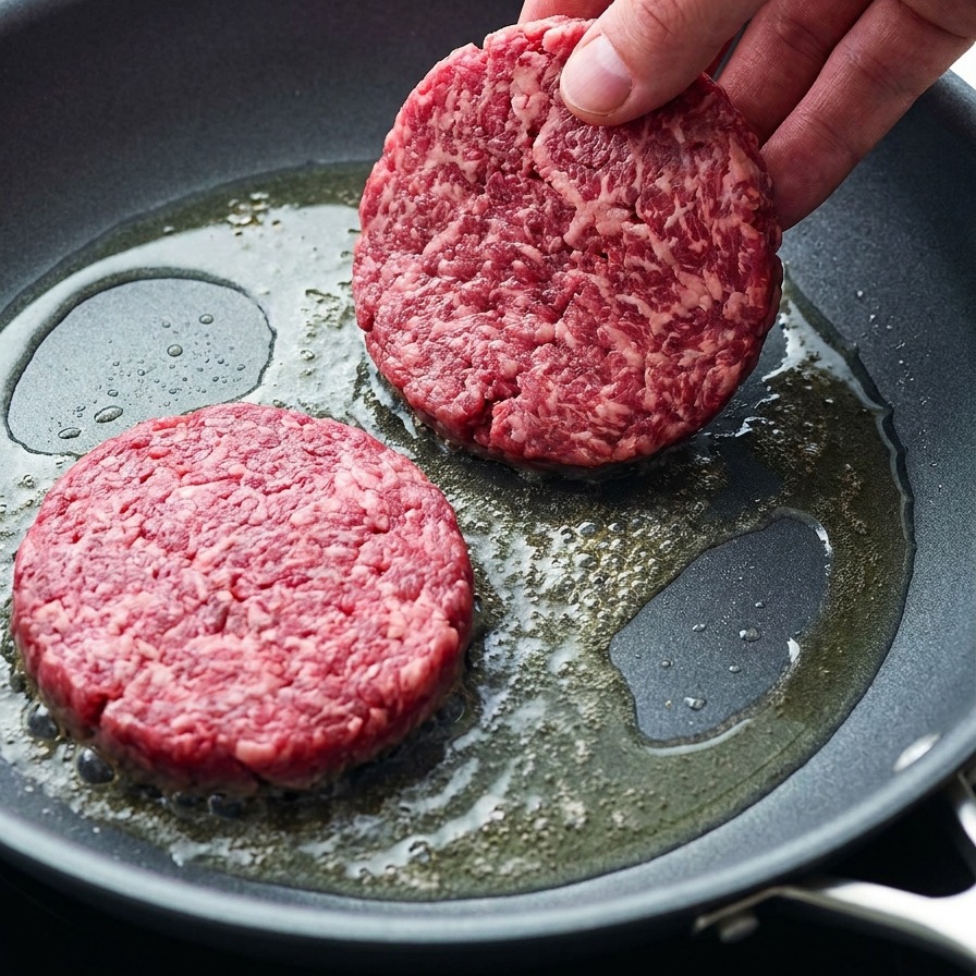 Una mano che adagia hamburger di manzo crudi in una padella calda con burro fuso.