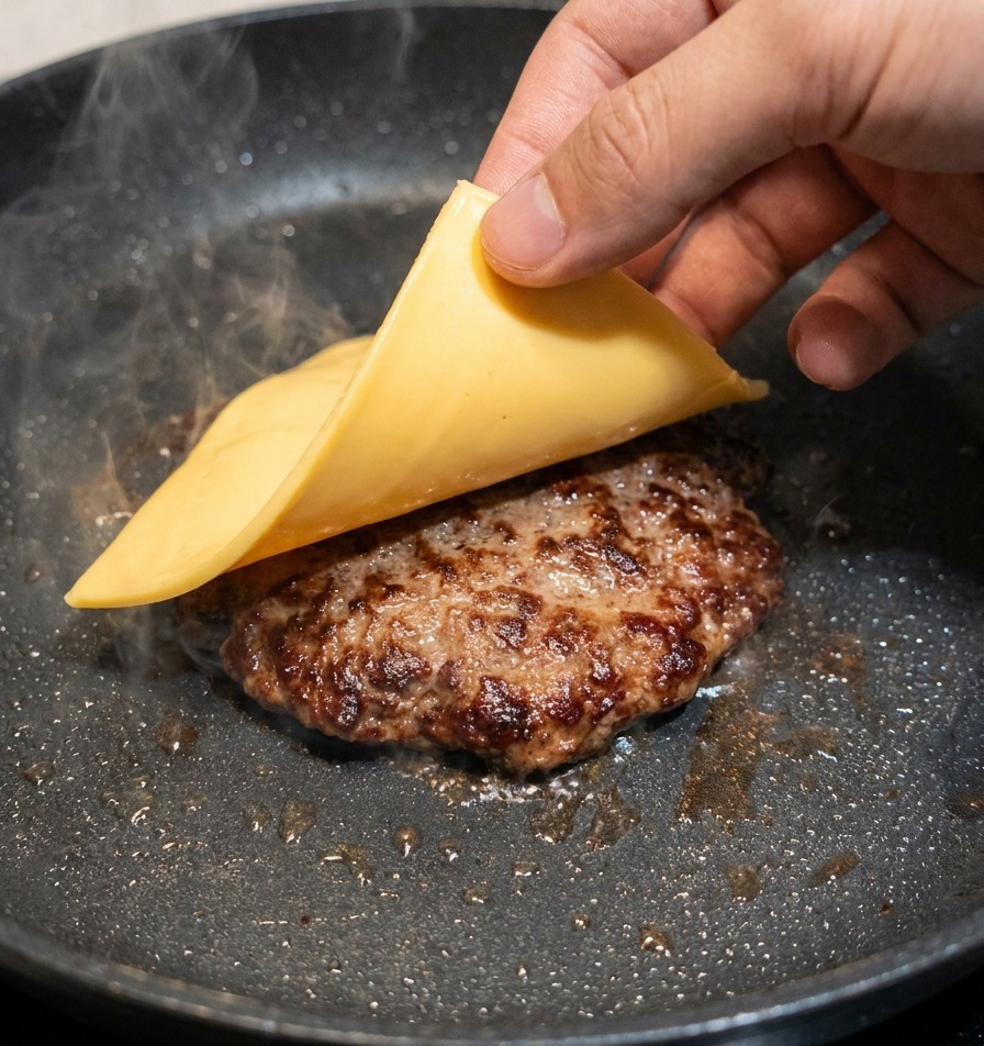 Una mano che posiziona una fetta quadrata di formaggio giallo su un hamburger sfrigolante.