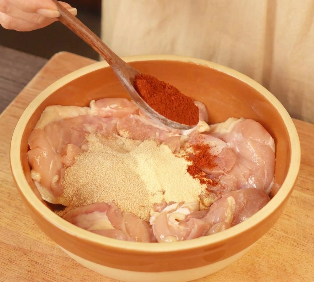 Sovracosce di pollo crudo in una ciotola di ceramica condite con paprica rossa, aglio e cipolla in polvere.