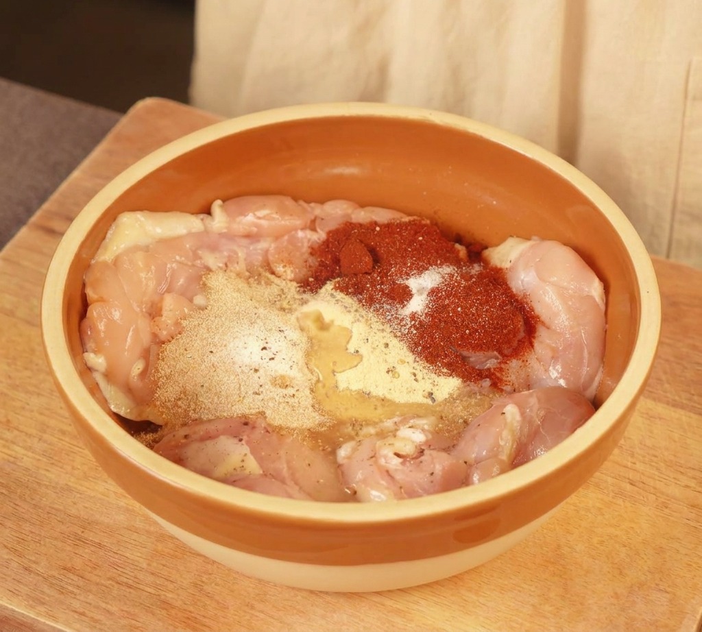 Latte fresco versato sulle sovracosce di pollo condite, che si mescola alle spezie colorate.