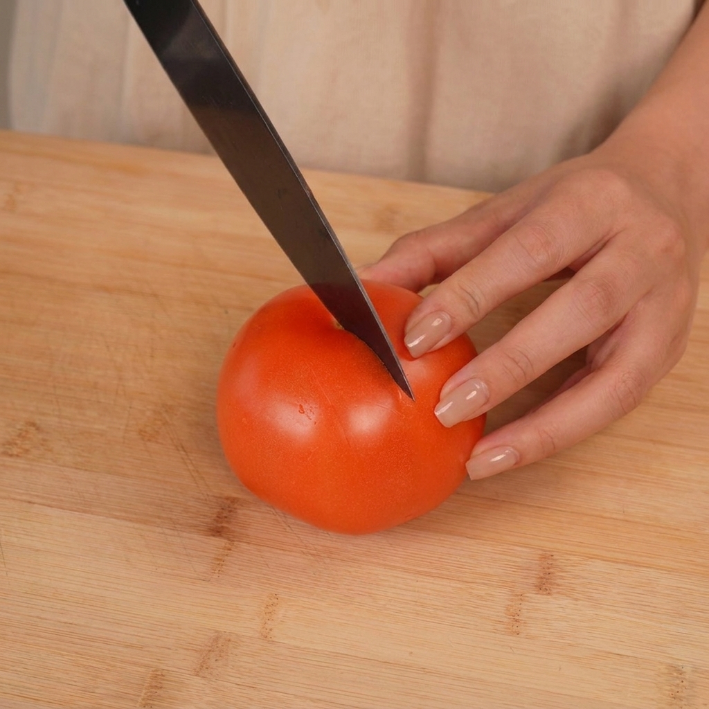 Un primo piano di una mano che usa un coltello da cucina per praticare unincisione a croce sulla pelle di un pomodoro rosso maturo.