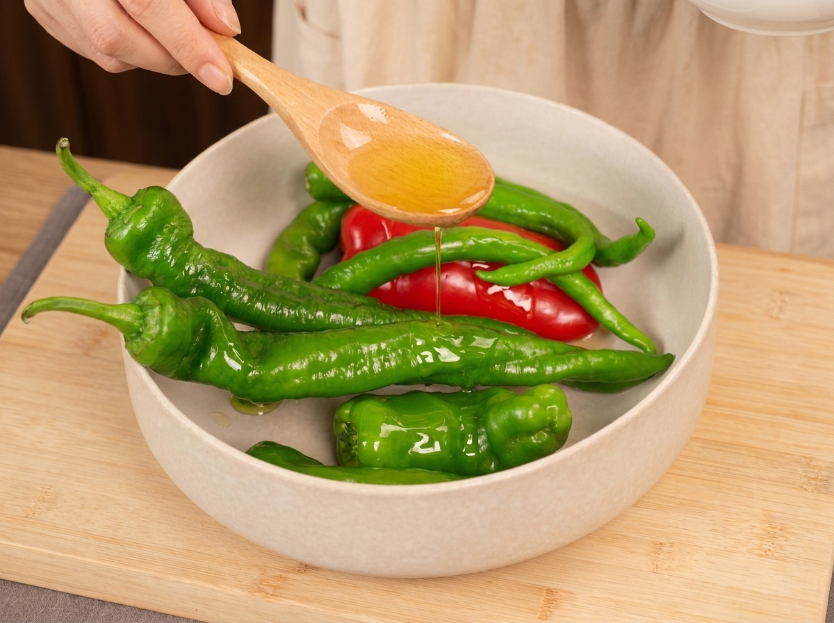 Un cucchiaio di legno che versa olio dorato sopra diversi peperoncini verdi lunghi e un peperone rosso in una ciotola di ceramica bianca.