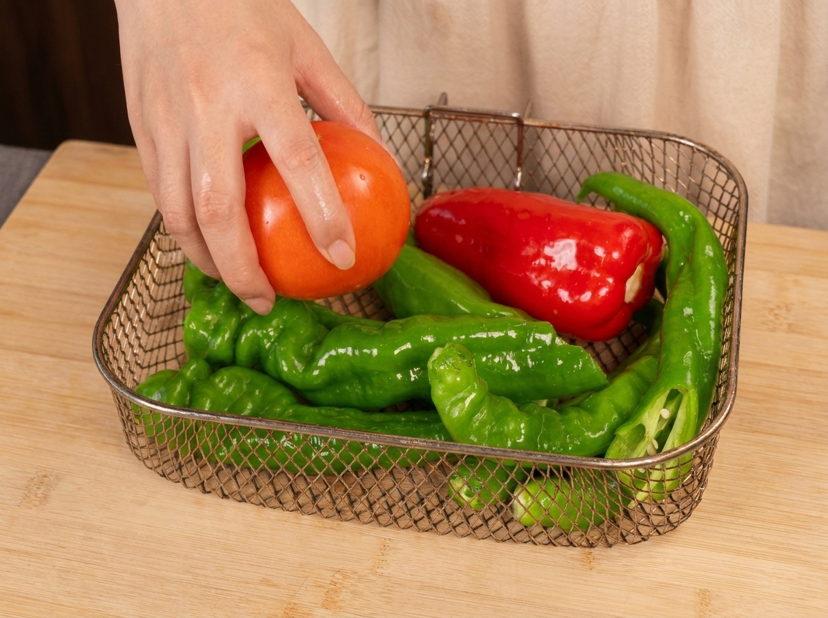 Una mano che adagia un pomodoro intero in un cestello della friggitrice ad aria insieme a peperoni verdi e rossi.