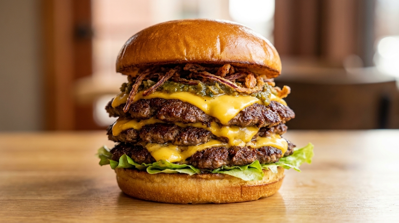 Triple Smash Burger con Salsa di Peperoni Arrostiti e Cipolle Croccanti