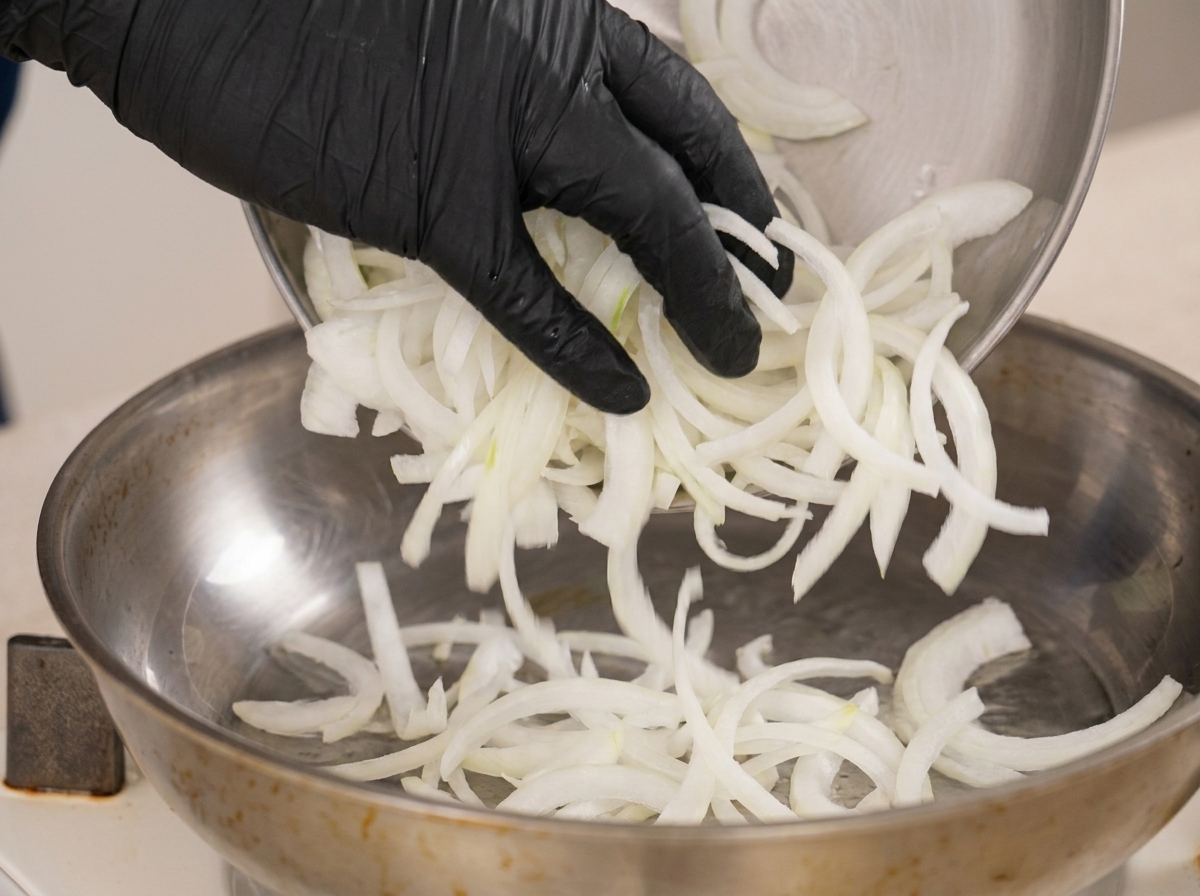 Cipolle bianche affettate che vengono versate da una ciotola di metallo in una padella in acciaio inossidabile preriscaldata.