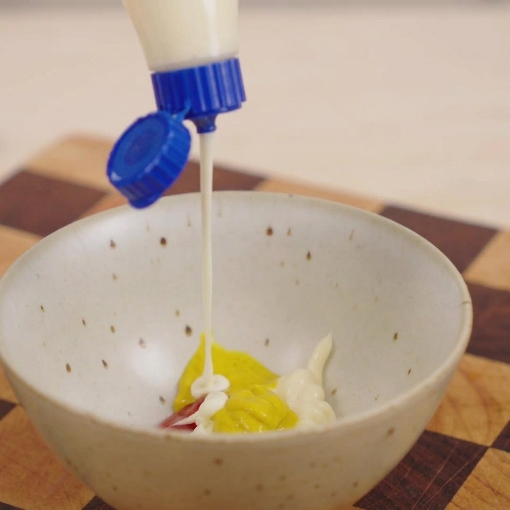 Un getto di salsa bianca cremosa che cade sopra senape gialla e ketchup rosso in una piccola ciotola di ceramica.