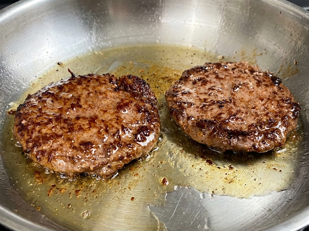 Due spessi patty di manzo Wagyu che sfrigolano in una padella, con una crosta scura e caramellata sulla superficie superiore.