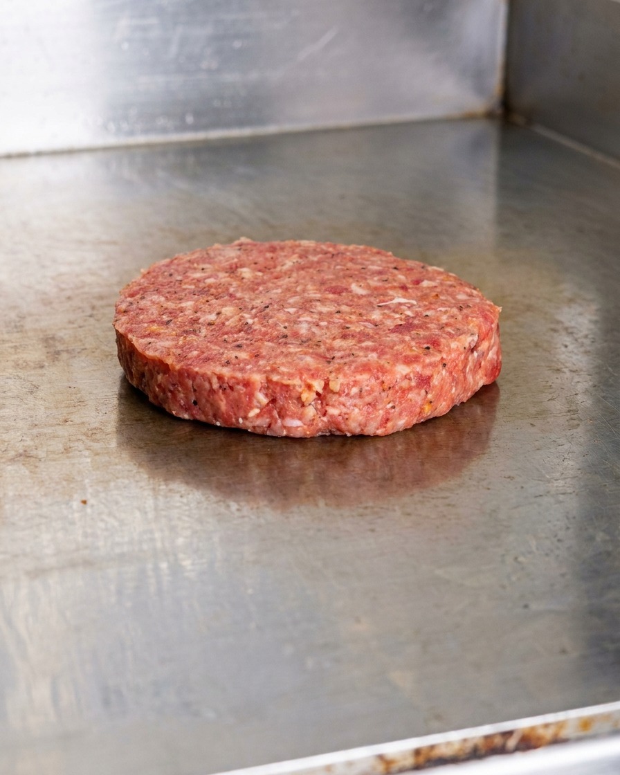 Un patty di manzo crudo e condito su una piastra in acciaio inox rovente.