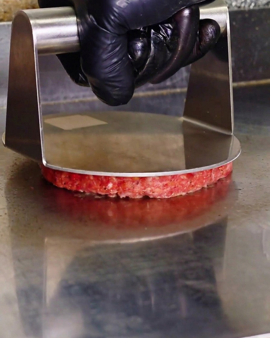Una persona con guanti neri usa una pressa metallica circolare per schiacciare un burger sulla piastra.