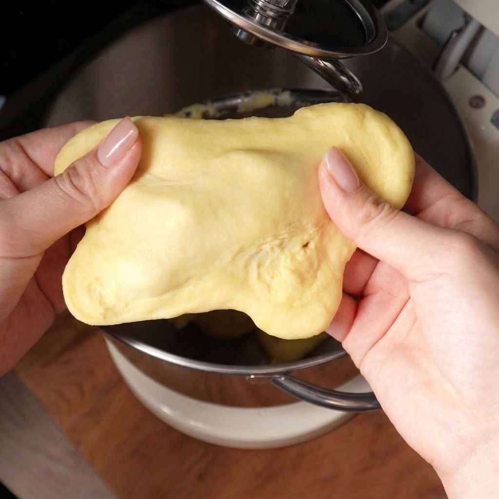 Primo piano di mani che tirano un pezzo di impasto grezzo che si strappa facilmente.