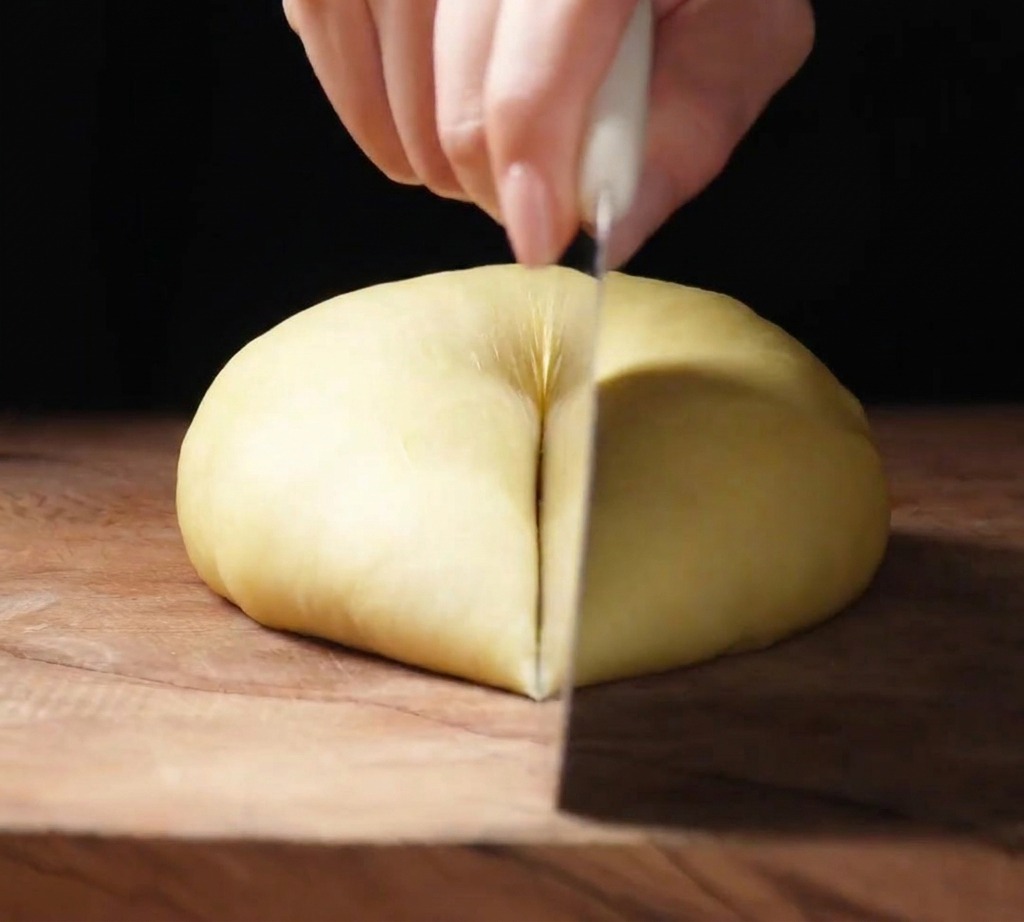 Coltello affilato che taglia limpasto brioche su un piano di lavoro in legno.