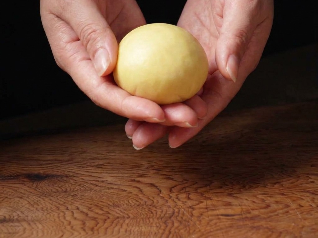 Mani che modellano una pallina di impasto brioche liscia e gialla su una superficie di legno.