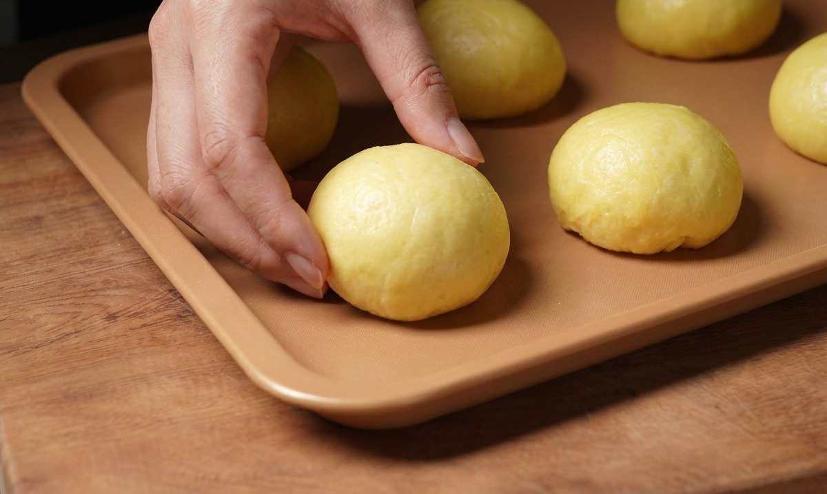 Mano che posiziona un bun su una teglia dorata accanto agli altri.