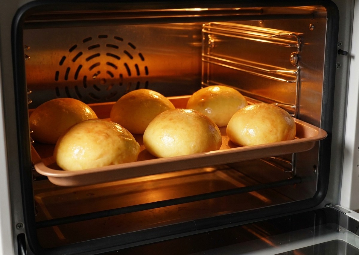 Sei bun brioche dorati che cuociono in forno su una teglia.