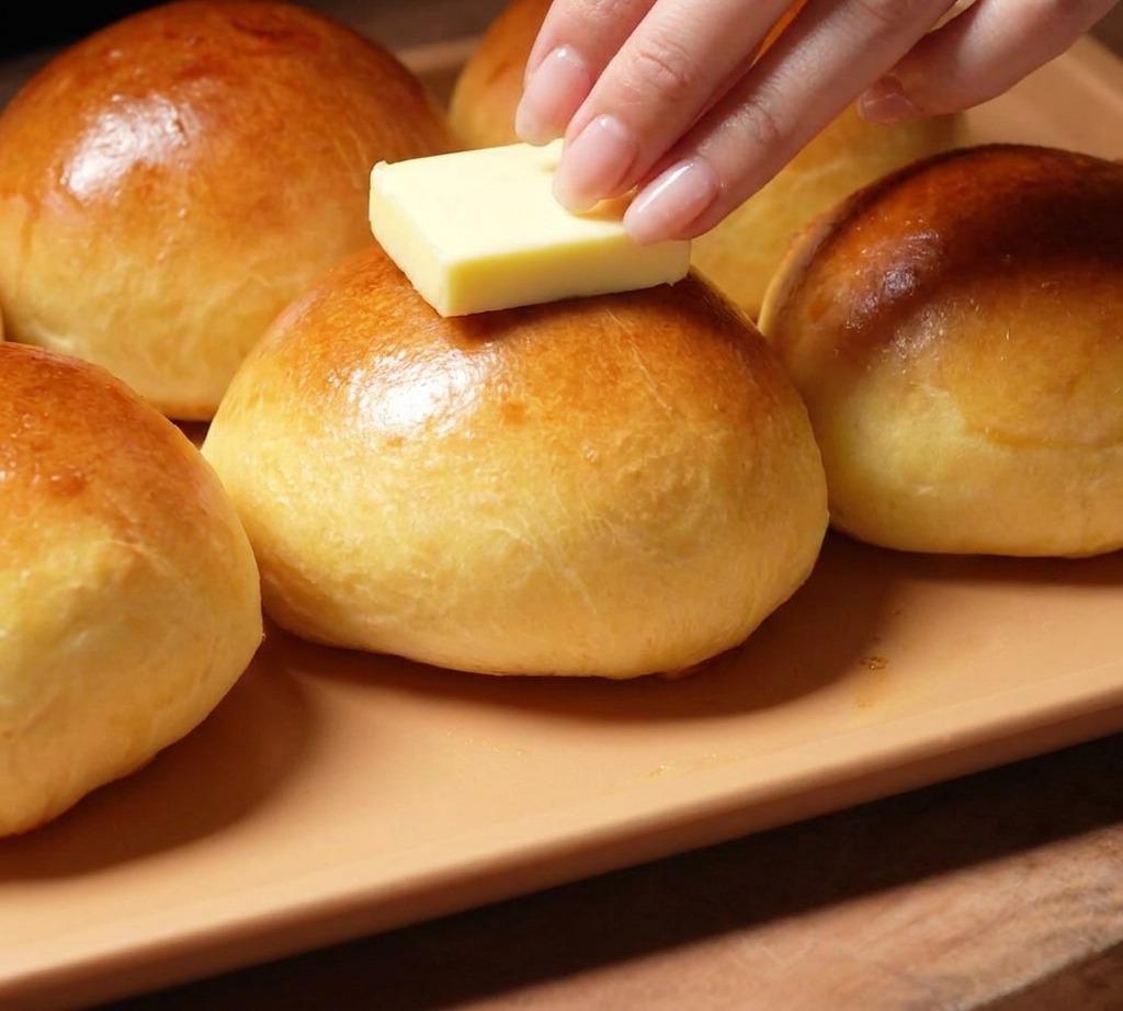 Un panetto di burro strofinato sopra un bun brioche appena sfornato e fumante.