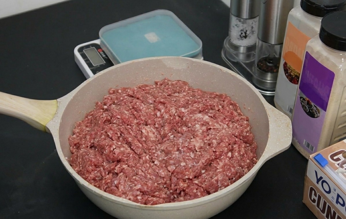 Una grande pirofila di carne macinata cruda su un bancone da cucina scuro vicino a contenitori di spezie e una bilancia.