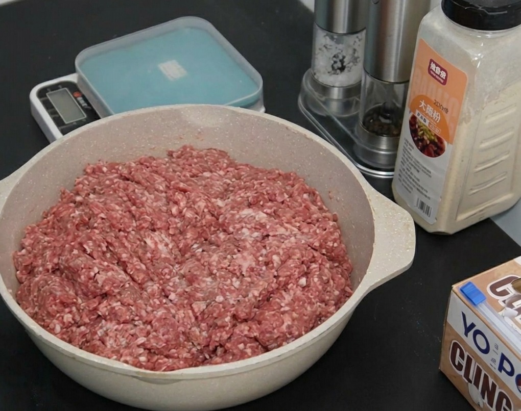 Carne macinata cruda stesa in una pirofila di ceramica con barattoli di spezie e una bilancia da cucina visibili sul bancone.