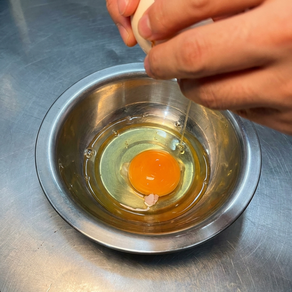Mani che rompono un uovo crudo in una ciotola di acciaio inossidabile con un tuorlo già allinterno.