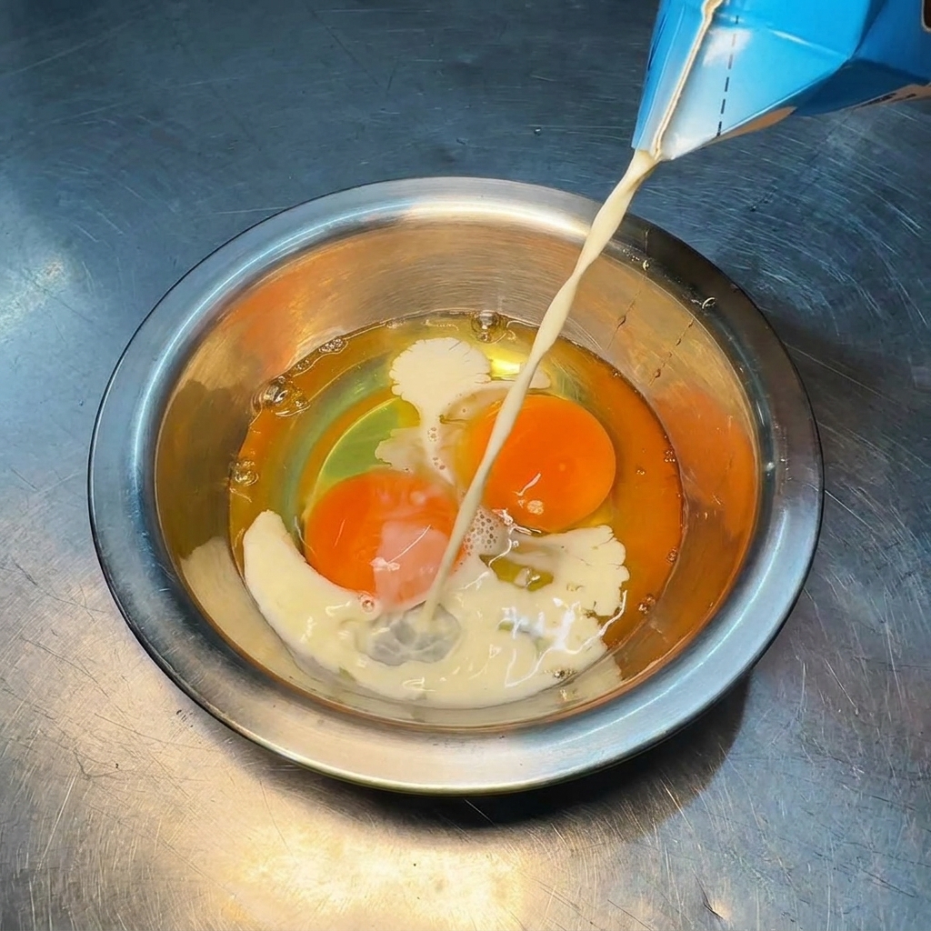 Latte versato da un cartone blu in una ciotola di acciaio inossidabile contenente tuorli e albumi duovo crudi.