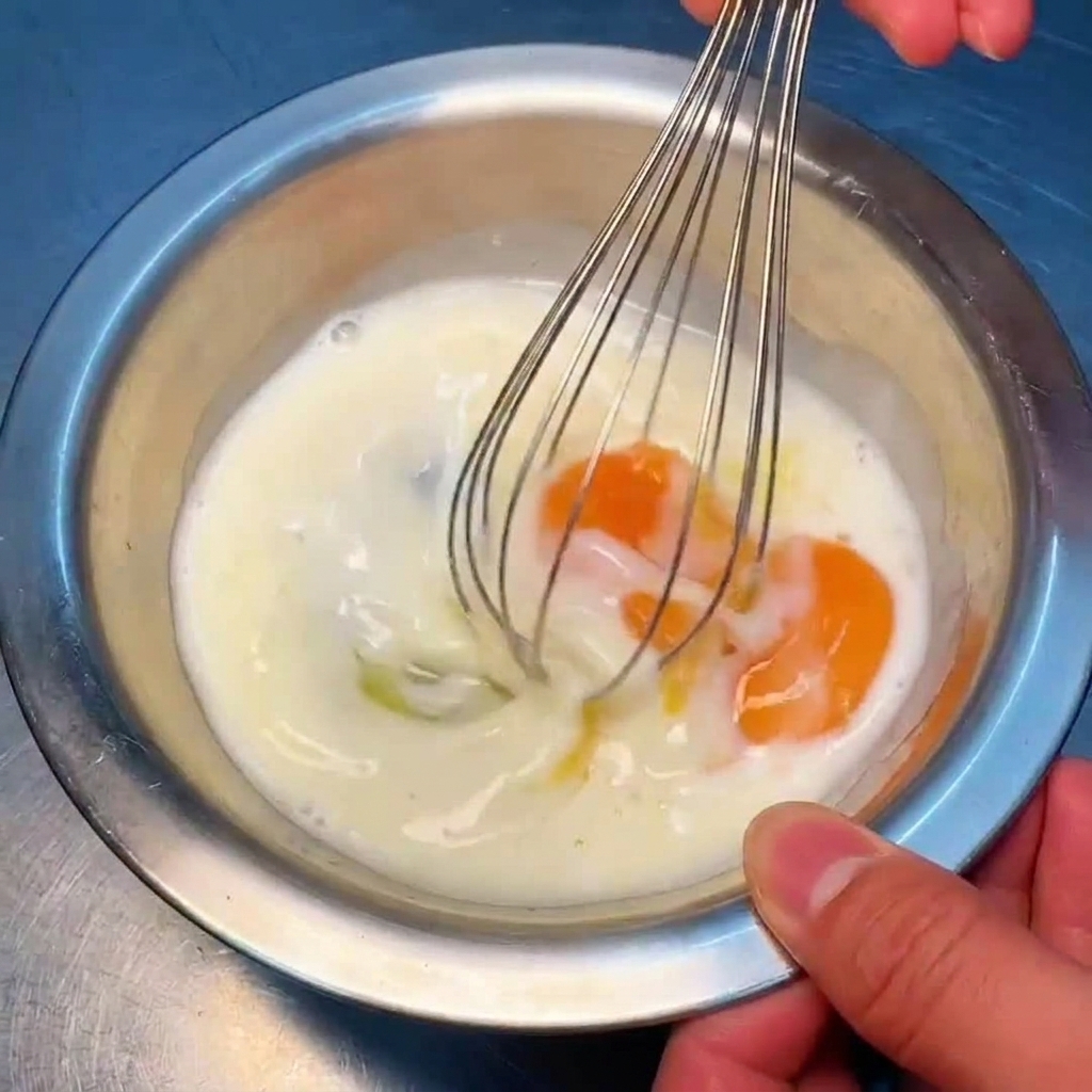 Una mano che utilizza una frusta per sbattere energicamente il composto di uova e latte in una ciotola di metallo.