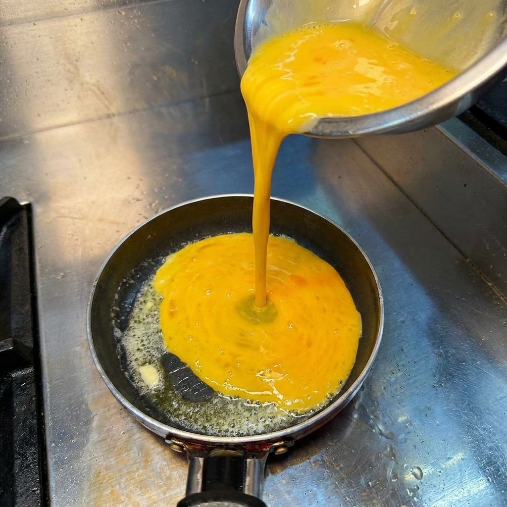 Composto di uova liscio e giallo brillante versato da una ciotola di acciaio inossidabile in una piccola padella calda ricoperta di burro fuso.