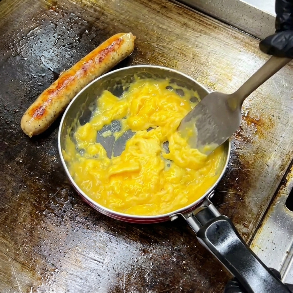 Una mano che indossa un guanto nero mentre usa una spatola per piegare e mescolare delicatamente le uova strapazzate in una piccola padella.