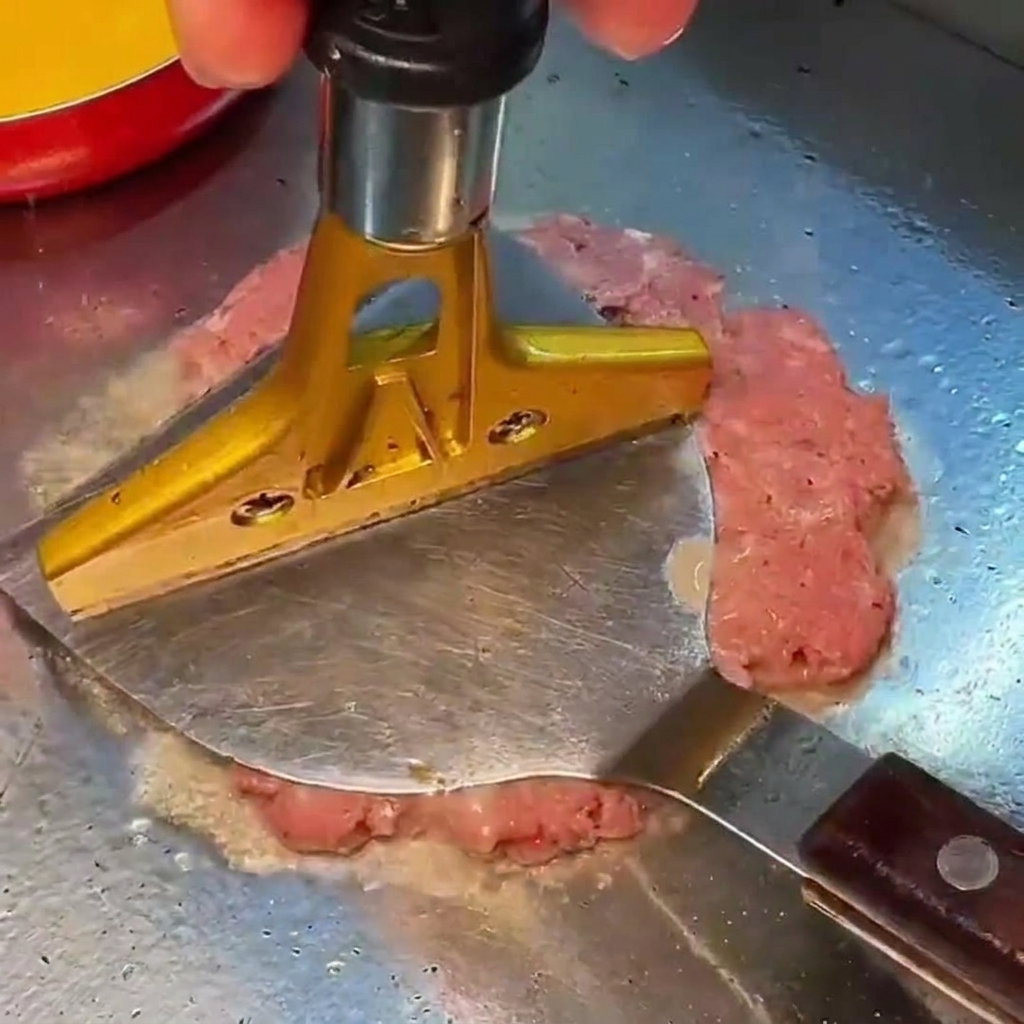 Una pesante pressa piatta e dorata che preme con forza su una porzione di carne macinata cruda su una piastra calda e unta.