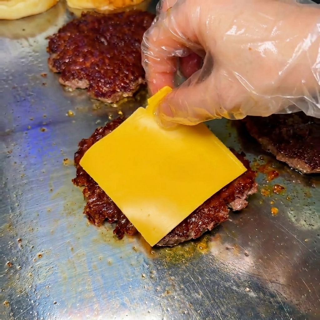 Una mano guantata che posiziona una fetta quadrata di formaggio giallo su un hamburger di manzo cotto su una griglia.