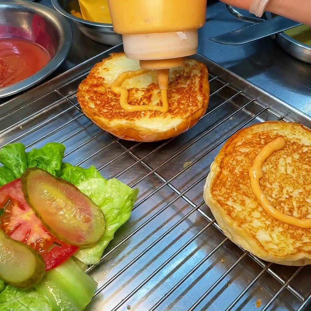 Salsa per hamburger arancione spremuta da una bottiglia sulle metà tostate dei panini posizionati su una griglia.