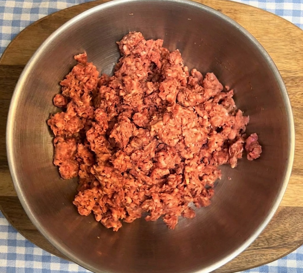 Vista dallalto di carne macinata fresca con venature di grasso bianco in una ciotola di metallo su un tagliere di legno.