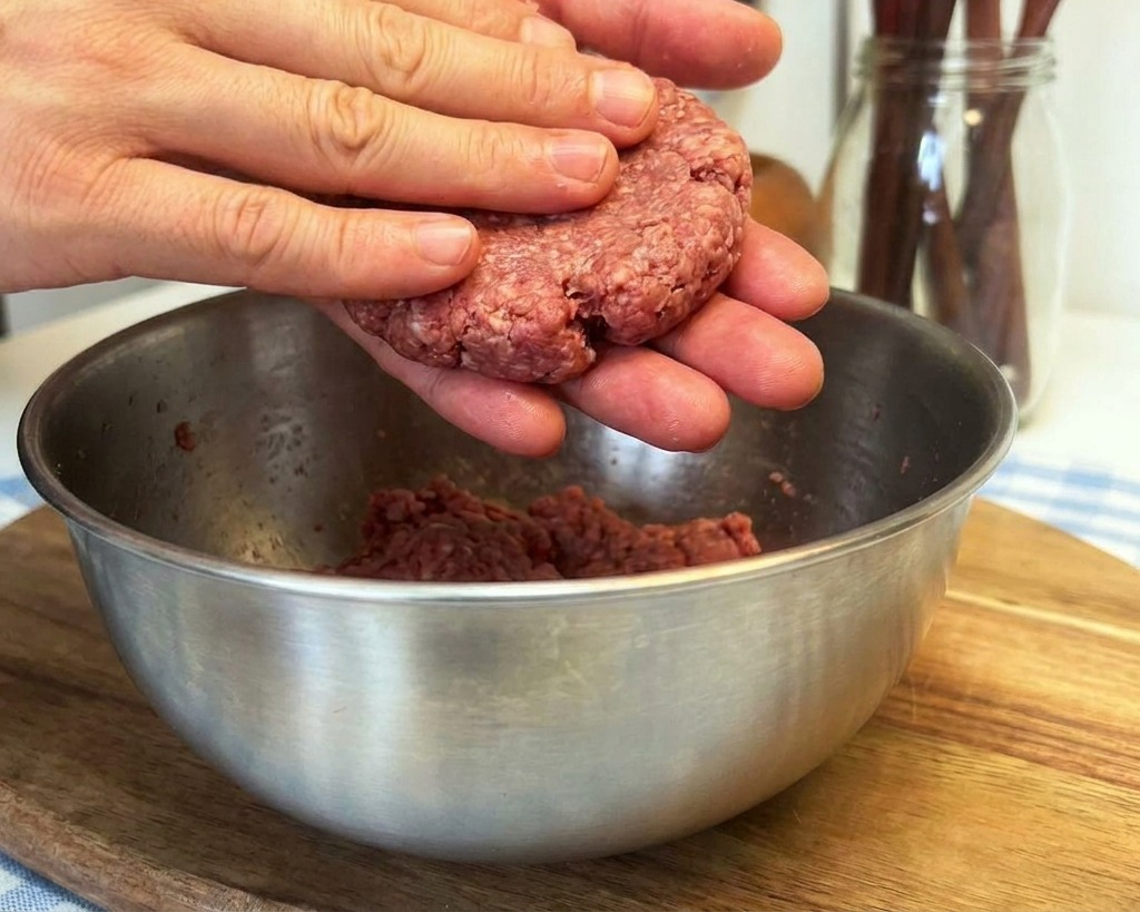 Primo piano di mani che schiacciano una pallina di carne per formare un hamburger piatto e circolare sopra una ciotola.