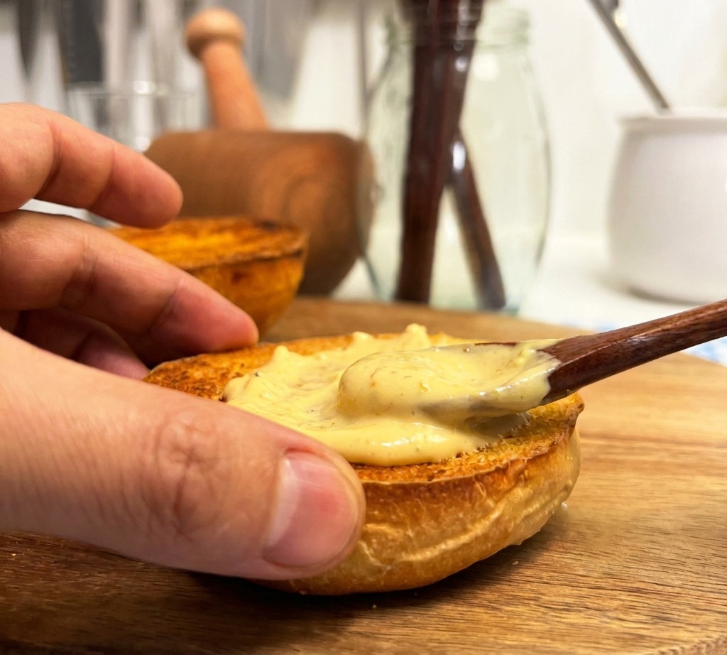 Una mano che regge un pane tostato mentre un cucchiaio distribuisce una salsa cremosa sulla superficie.