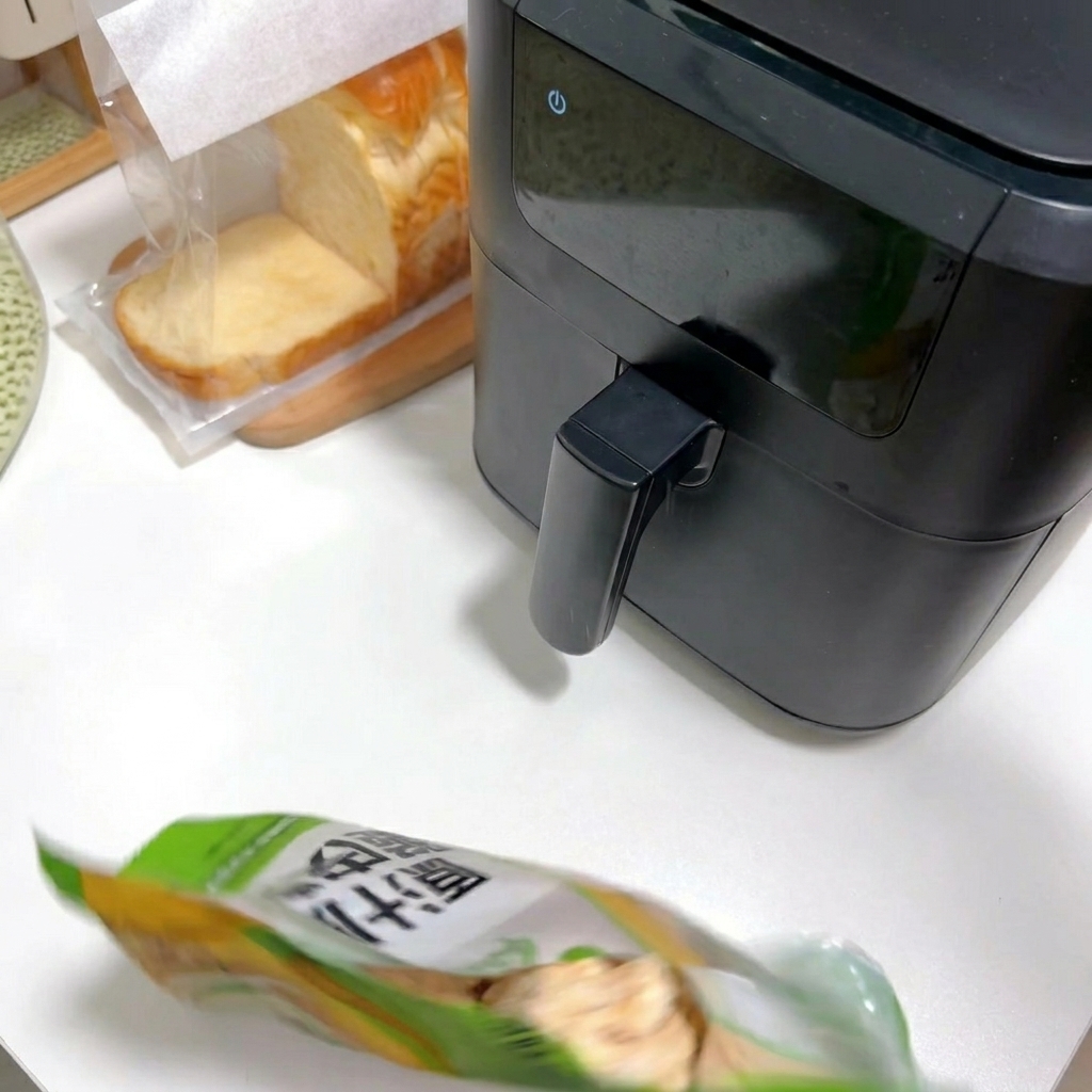 Una persona che apre una confezione di pollo impanato surgelato su un piano da cucina accanto a una friggitrice ad aria.