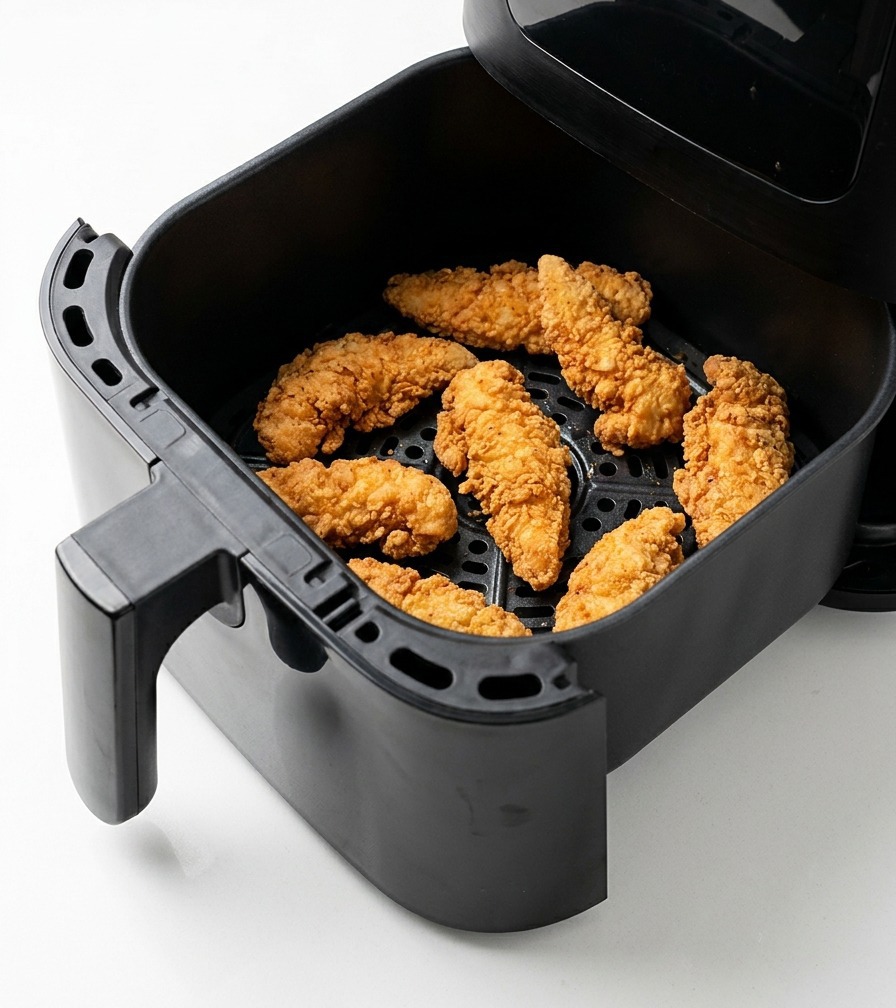 Pezzi di pollo fritto dorati nel cestello nero della friggitrice ad aria su un piano di lavoro bianco.