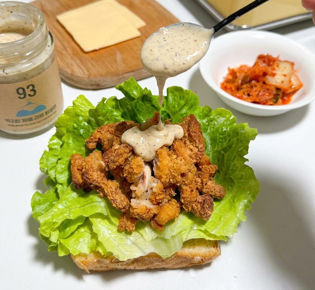 Un cucchiaio che versa una salsa cremosa sui pezzi di pollo croccante adagiati su un letto di lattuga fresca.