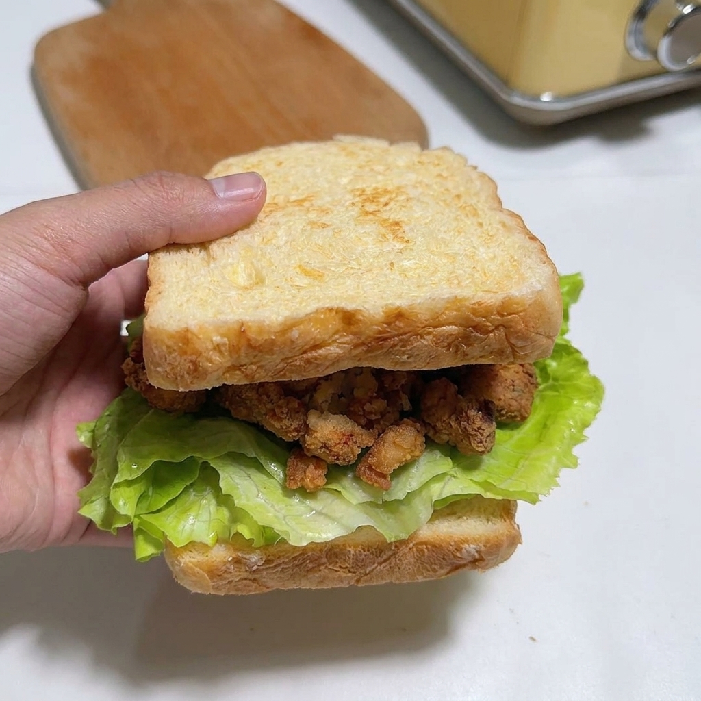 Una mano che tiene un sandwich alto, mentre lultima fetta di pane tostato viene posizionata sopra gli strati di pollo e kimchi.