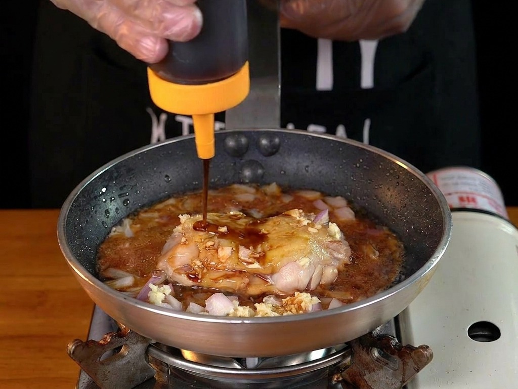 Salsa scura versata da un flacone sopra il pollo in padella circondato da cipolle e aglio.