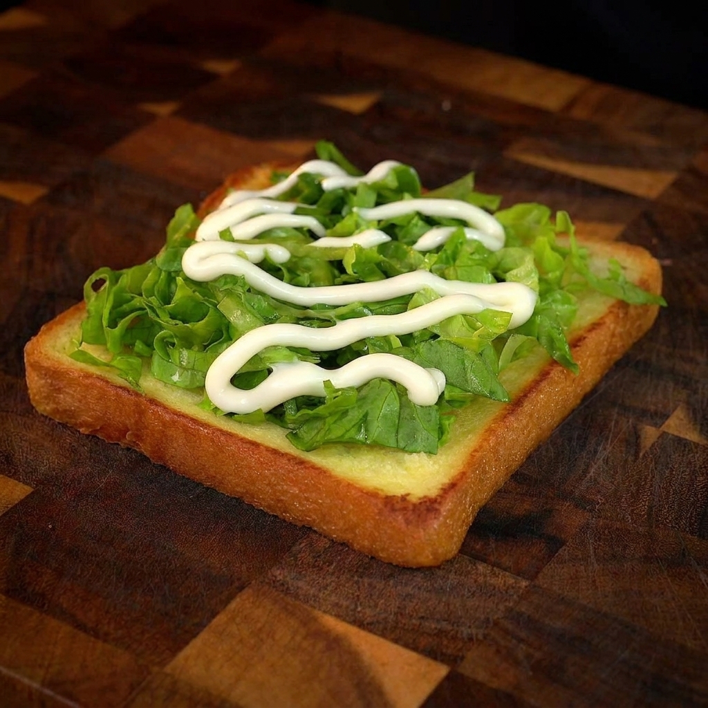 Lattuga verde su una fetta di pane dorato con una spirale di maionese bianca.