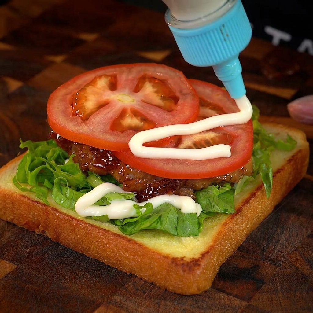 Fette di pomodoro fresco appoggiate sopra il pollo laccato in un sandwich stratificato.