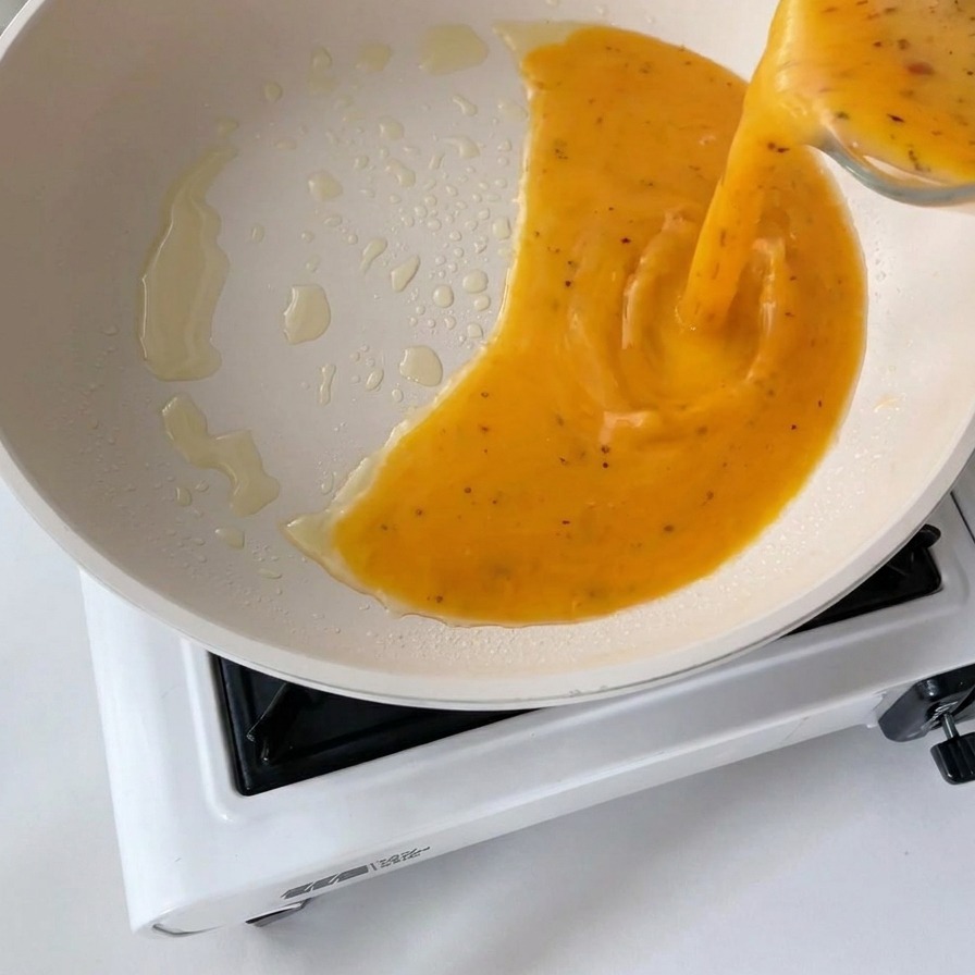 Composto di uova sbattute di colore giallo versato da una caraffa di vetro in una padella in ceramica bianca leggermente unta.
