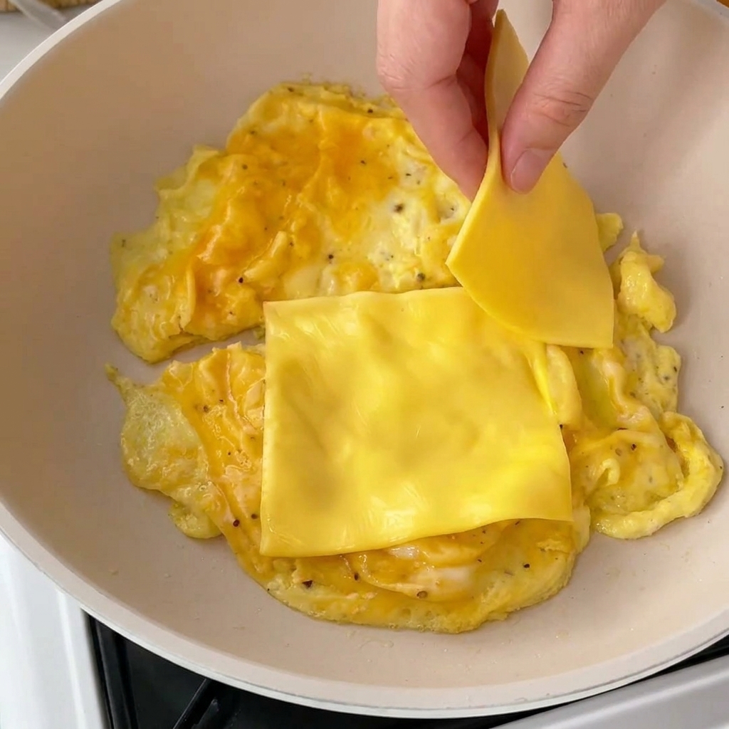 Una mano adagia una fetta di formaggio giallo su una padella con uova strapazzate morbide e lucide, ancora leggermente liquide.