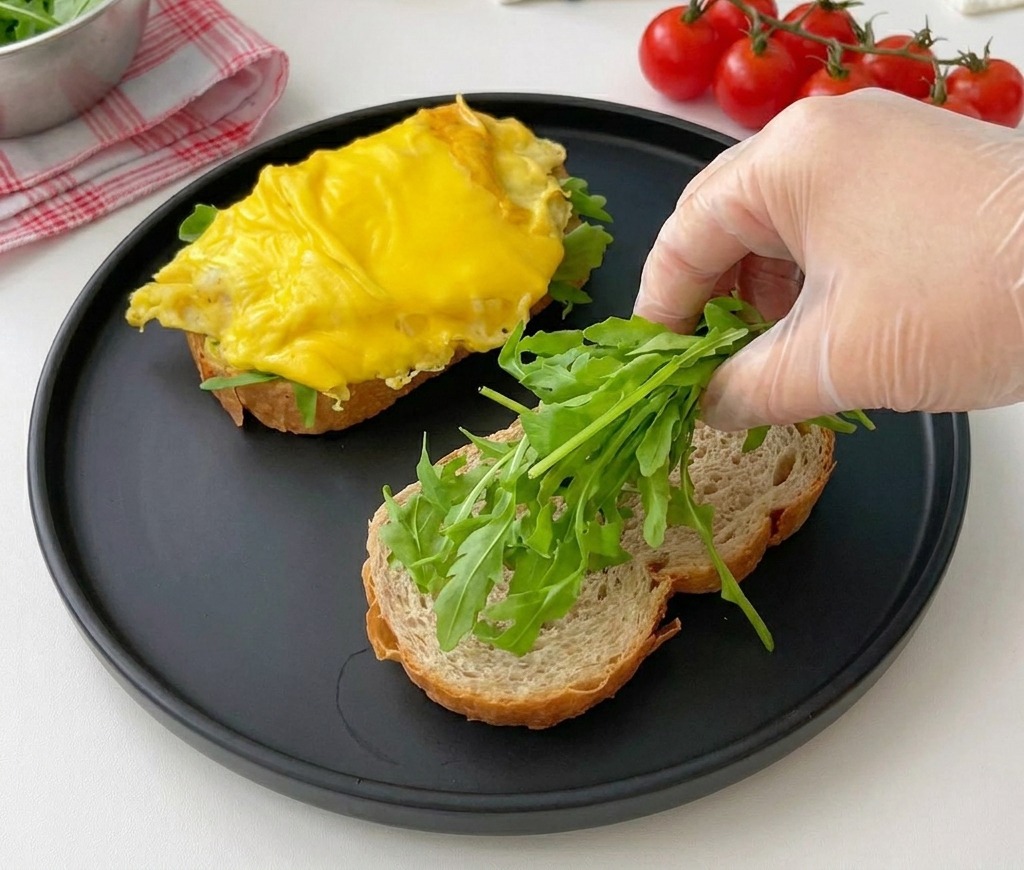 Una mano guantata posiziona un ciuffo di foglie verdi di rucola fresca su fette spesse di pane tostato adagiate su un piatto nero opaco.