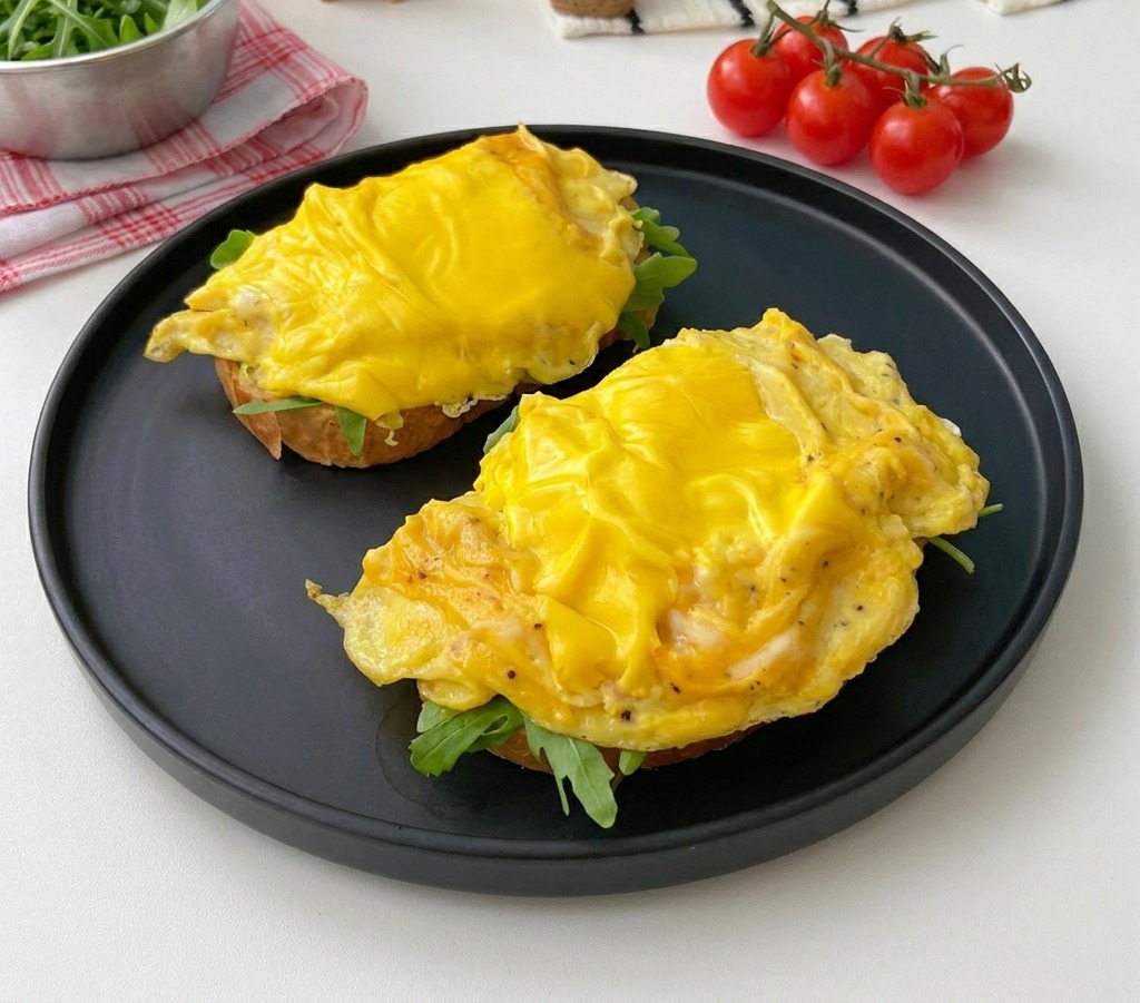 Due fette di pane tostato su un piatto nero opaco, guarnite con rucola fresca e generose porzioni di uova strapazzate con formaggio giallo fuso.
