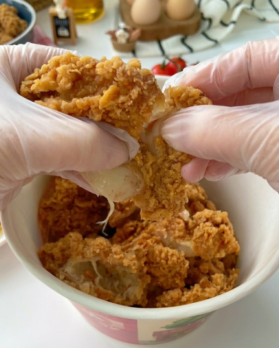Due mani con guanti trasparenti dividono un grosso pezzo di pollo fritto dalla panatura dorata e irregolare, rivelando la carne bianca e succulenta.