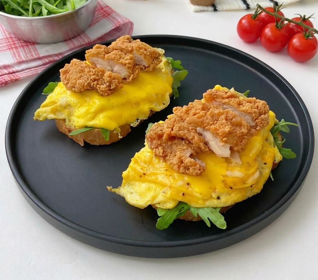 Un primo piano di due panini aperti su un piatto nero, con pane tostato, rucola, uova al formaggio e una montagnetta di pezzetti di pollo fritto croccante.