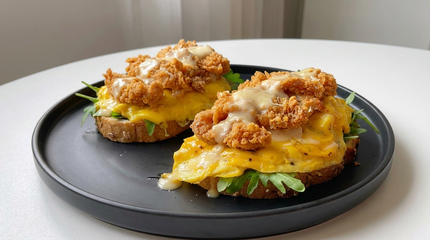 Toast Aperto con Pollo Fritto Croccante e Uova Cremose al Formaggio