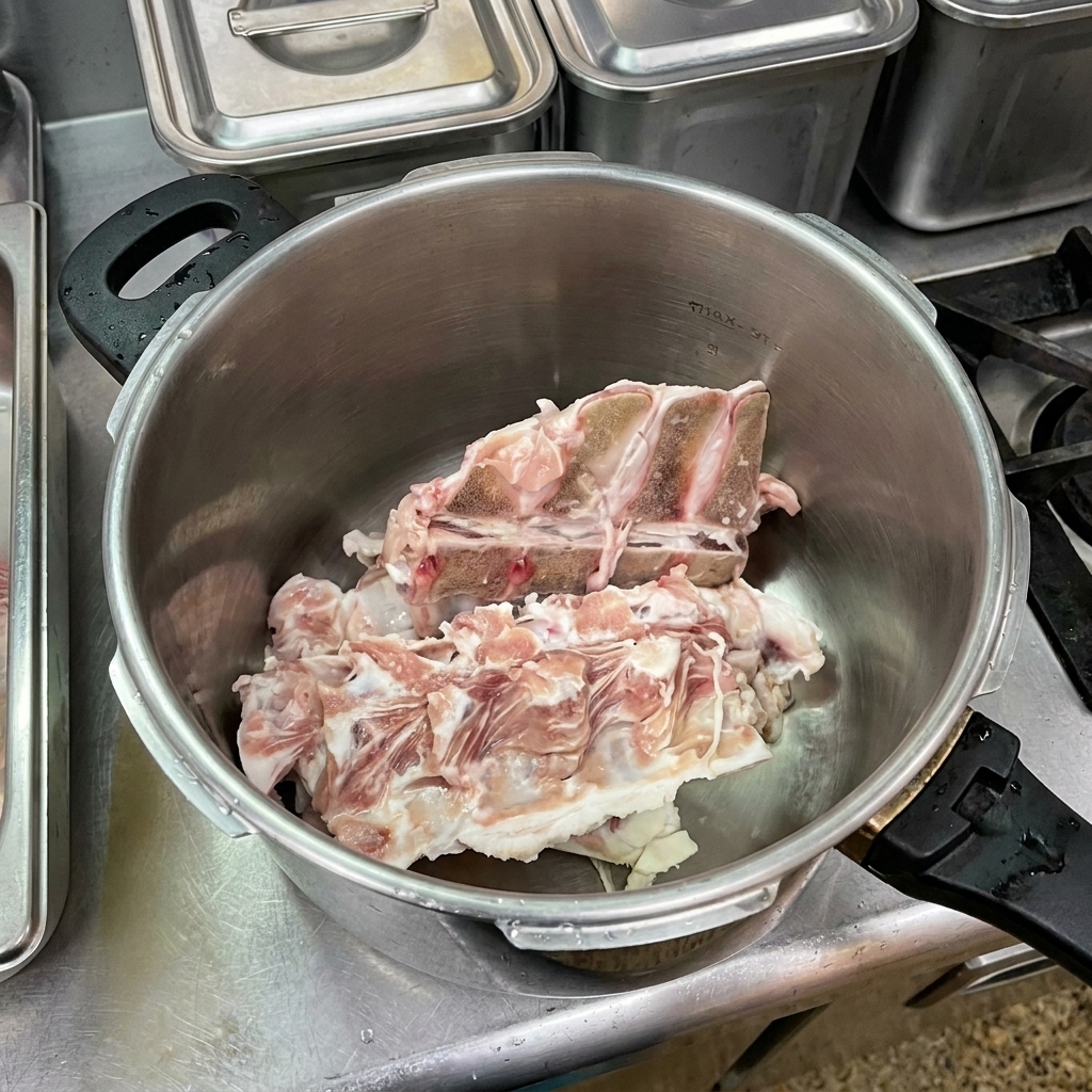 Ossa di maiale crude allinterno di una grande pentola a pressione in acciaio inox vuota.