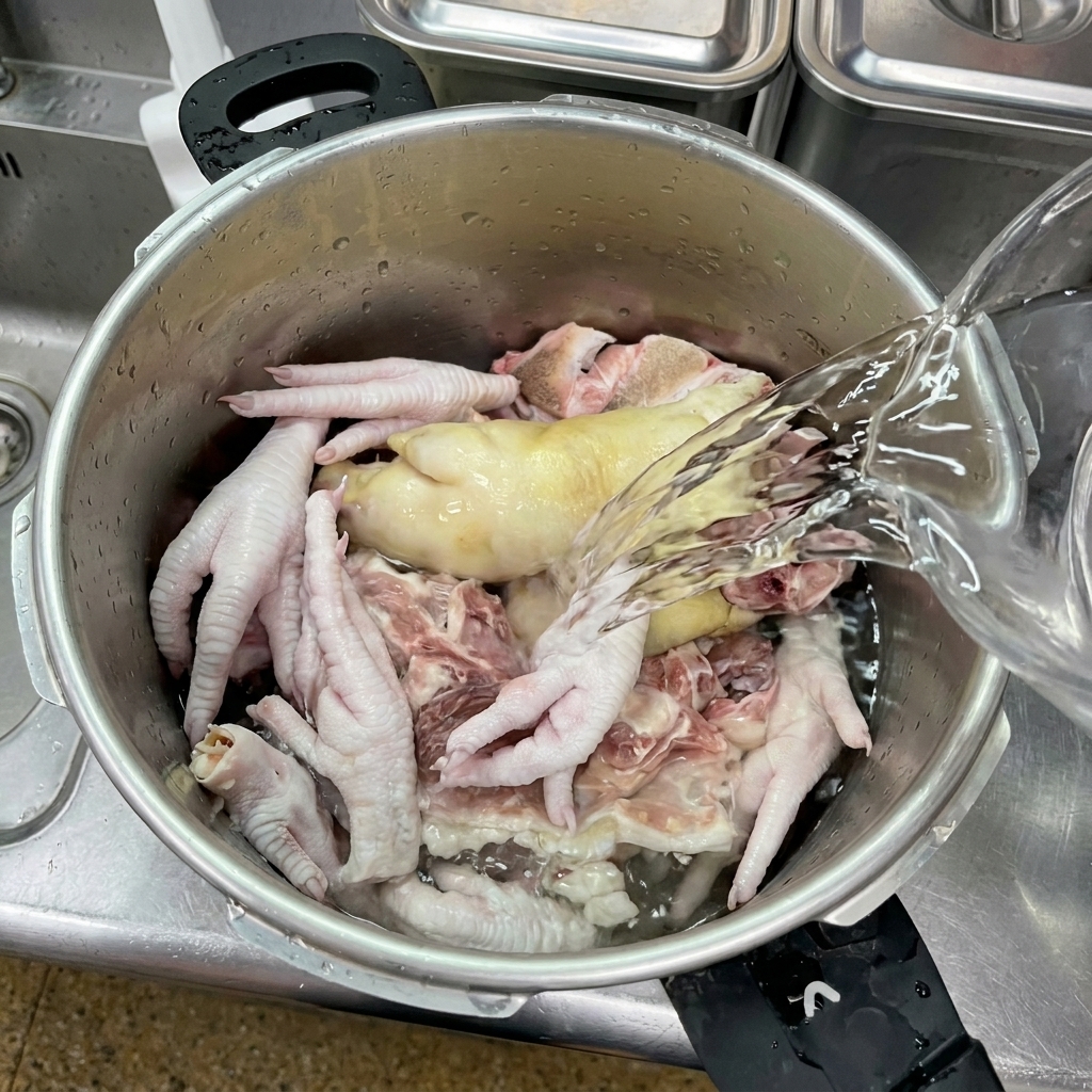 Acqua limpida versata da una caraffa su zampe di gallina, un piedino di maiale e ossa di maiale in una pentola.