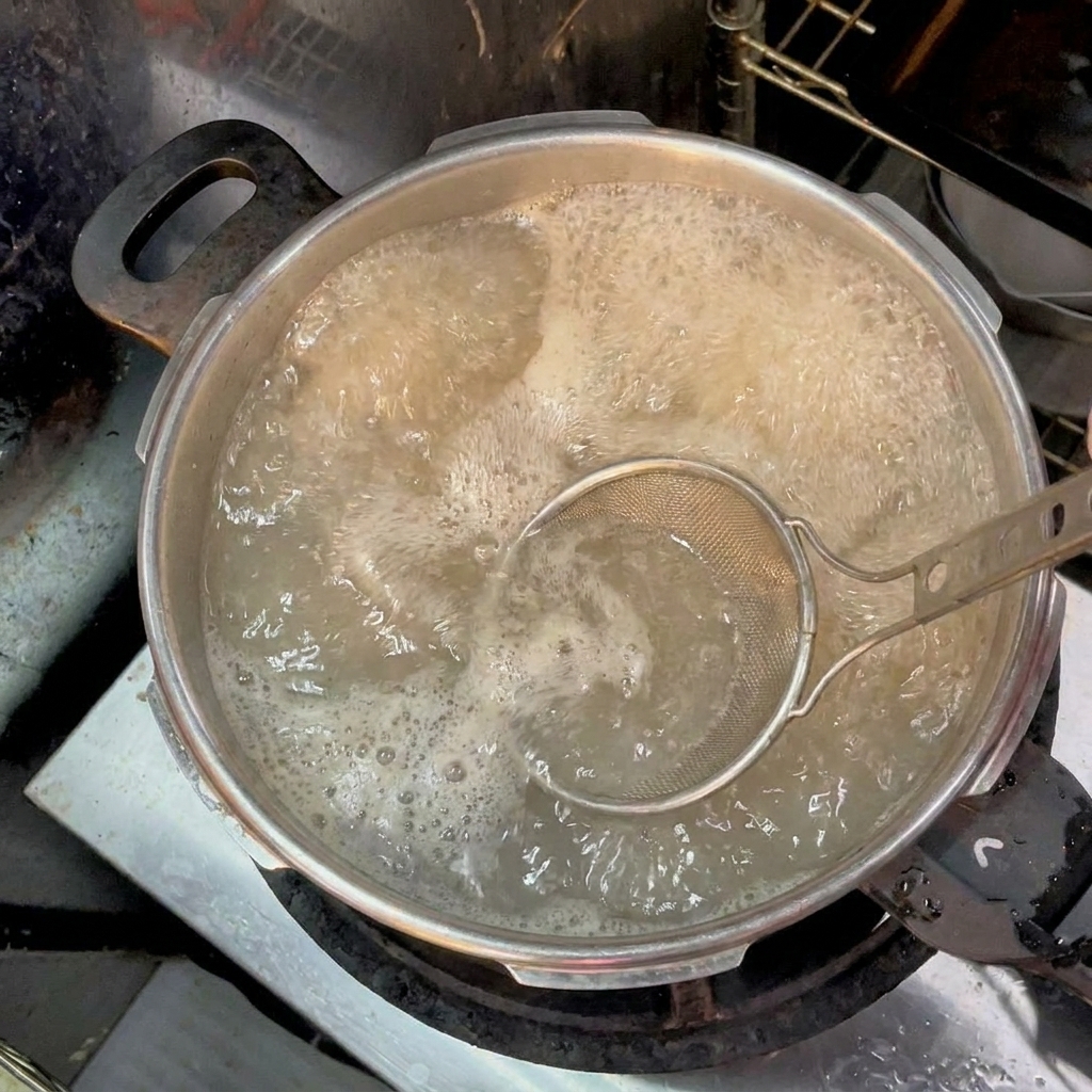 Un colino a maglia fine che rimuove la schiuma marrone e le impurità dalla superficie del brodo in ebollizione.